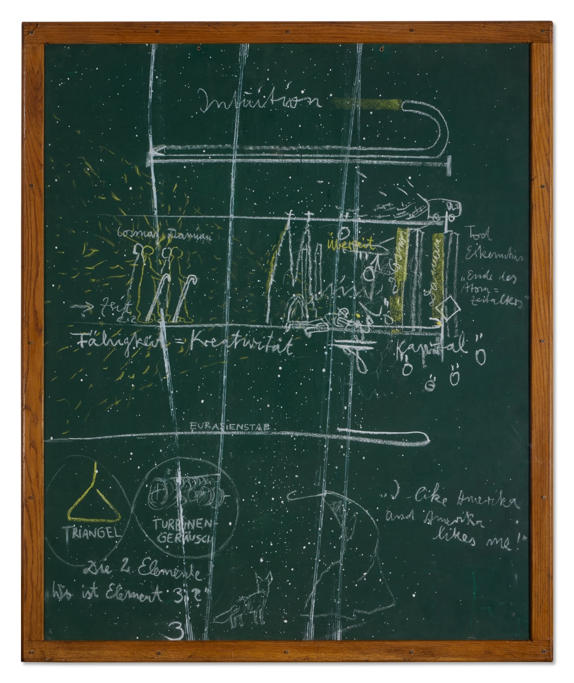 Created in 1982, this blackboard references several of Beuys's celebrated performances, also known as Actions. Eurasienstab (Eurasia Staff; first performed...