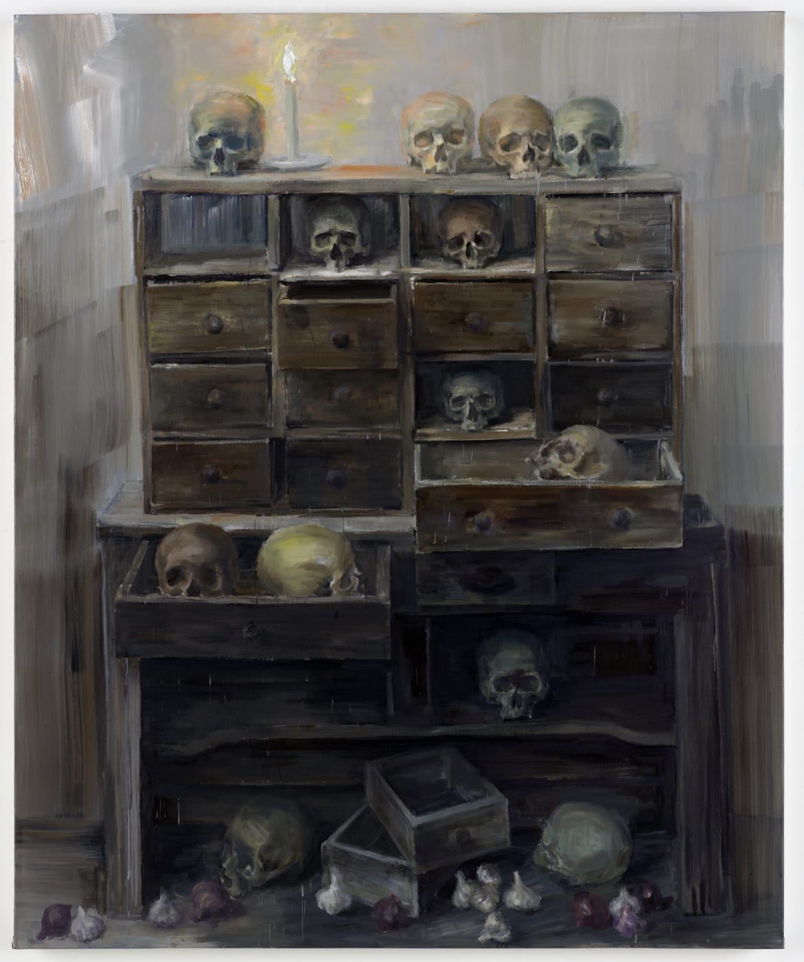 Installation, treize crânes et une bougie, 2020 Oil on canvas 180 x 150 x 6 cm (70.87 x 59.06 x...