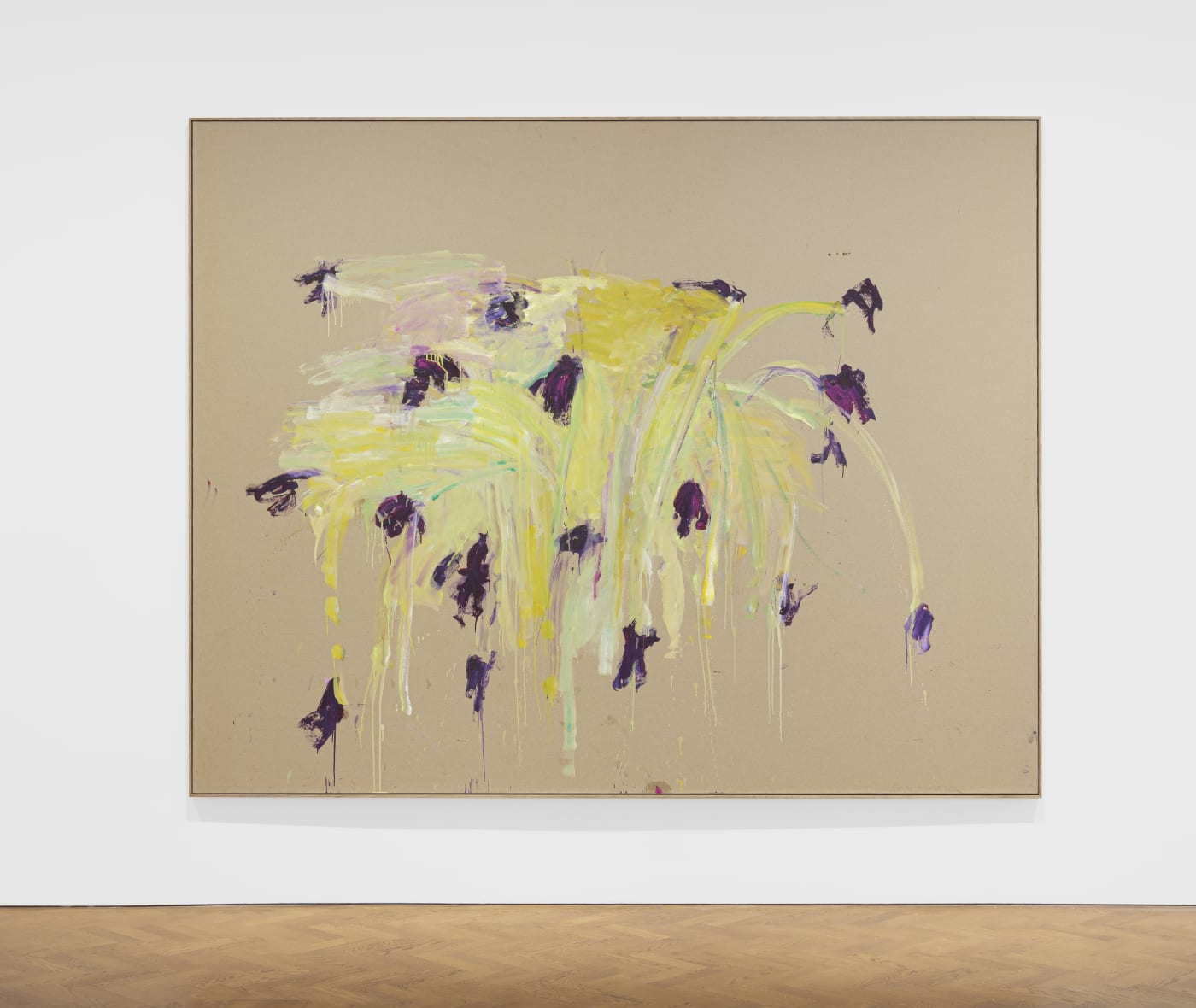 In Ohne Titel (Tulpenstrauß), the artist suggests without actually depicting the titular bunch of tulips, their dark purple flowers drooping...