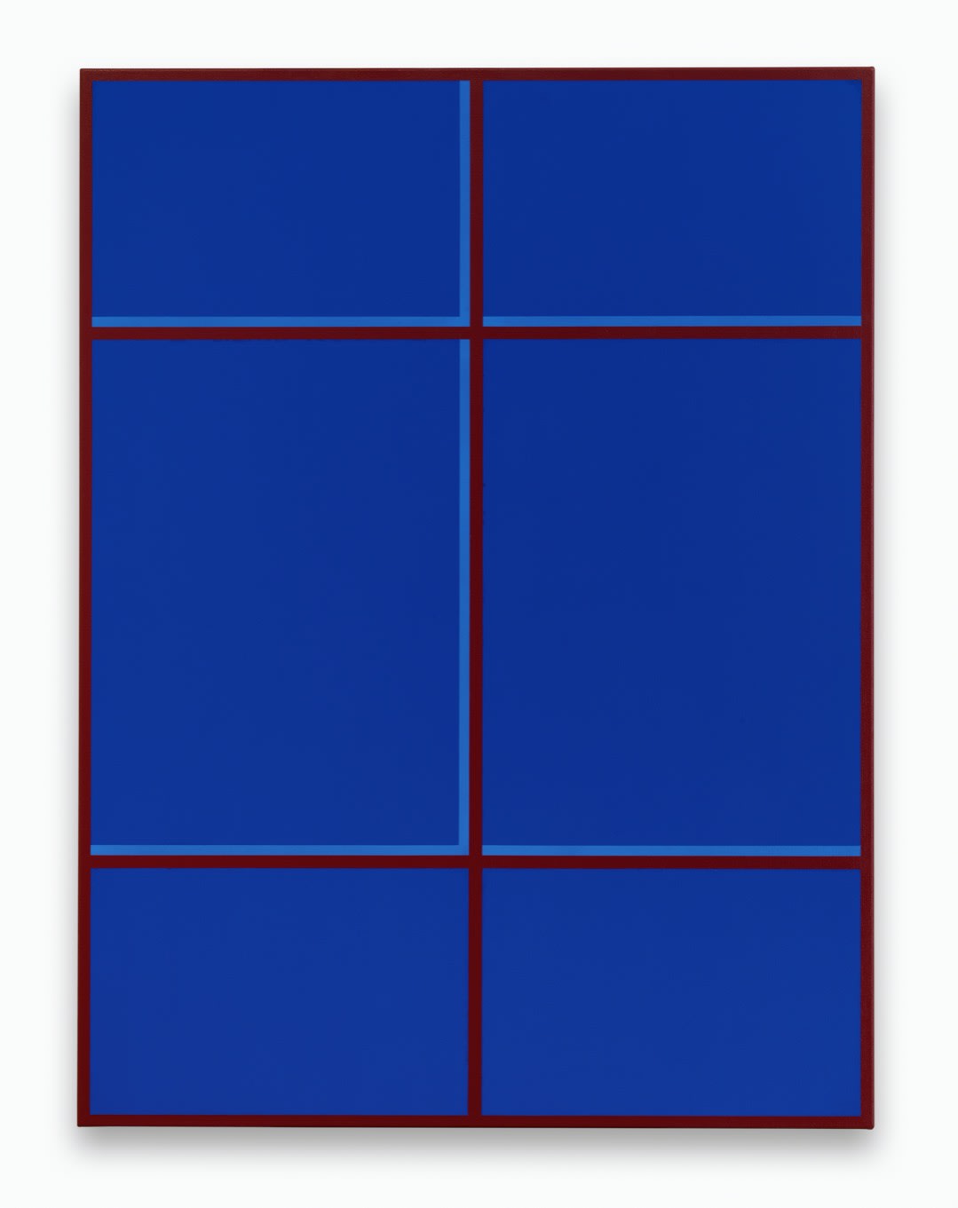 In this painting, which most explicitly references a window, a ground of ultramarine blue intersected by a deep red grid...