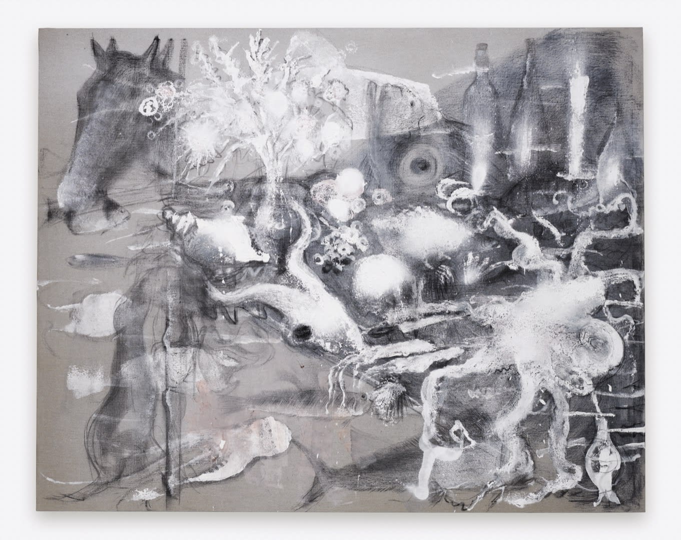 On a linen canvas, I had made a charcoal drawing of a large group of fish, like an aquarium. There...