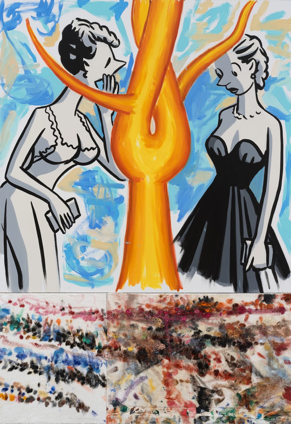 In each predella, Salle alternately pours, splashes and dabs paint in bright colours, sometimes overlaying anatomical sketches or Matissian felt...