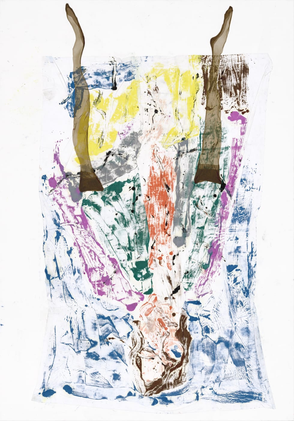 Baselitz takes his monotype technique a step further in his intensely chromatic portraits with stockings, transferring the figure of Elke...