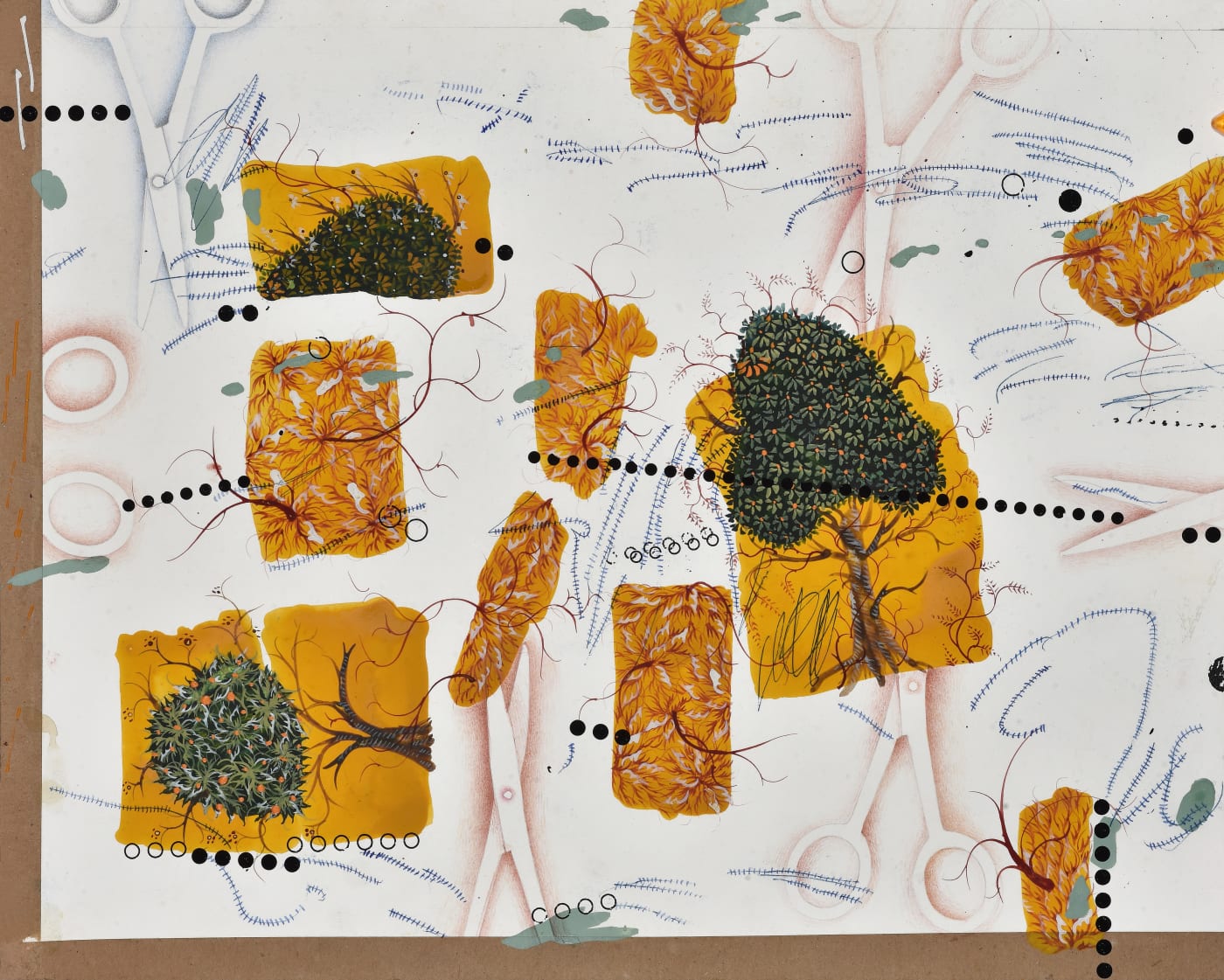Alongside the more familiar miniature paintings, the exhibition presents deconstructed works in which fragments of landscapes float across the surface...