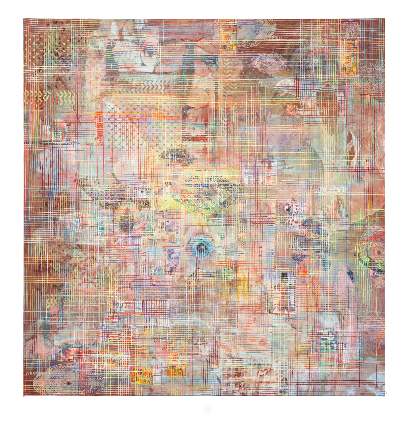 New paintings from the Net-Grid series are placed atop walls collaged with unstretched canvases to emulate the layered environment of...
