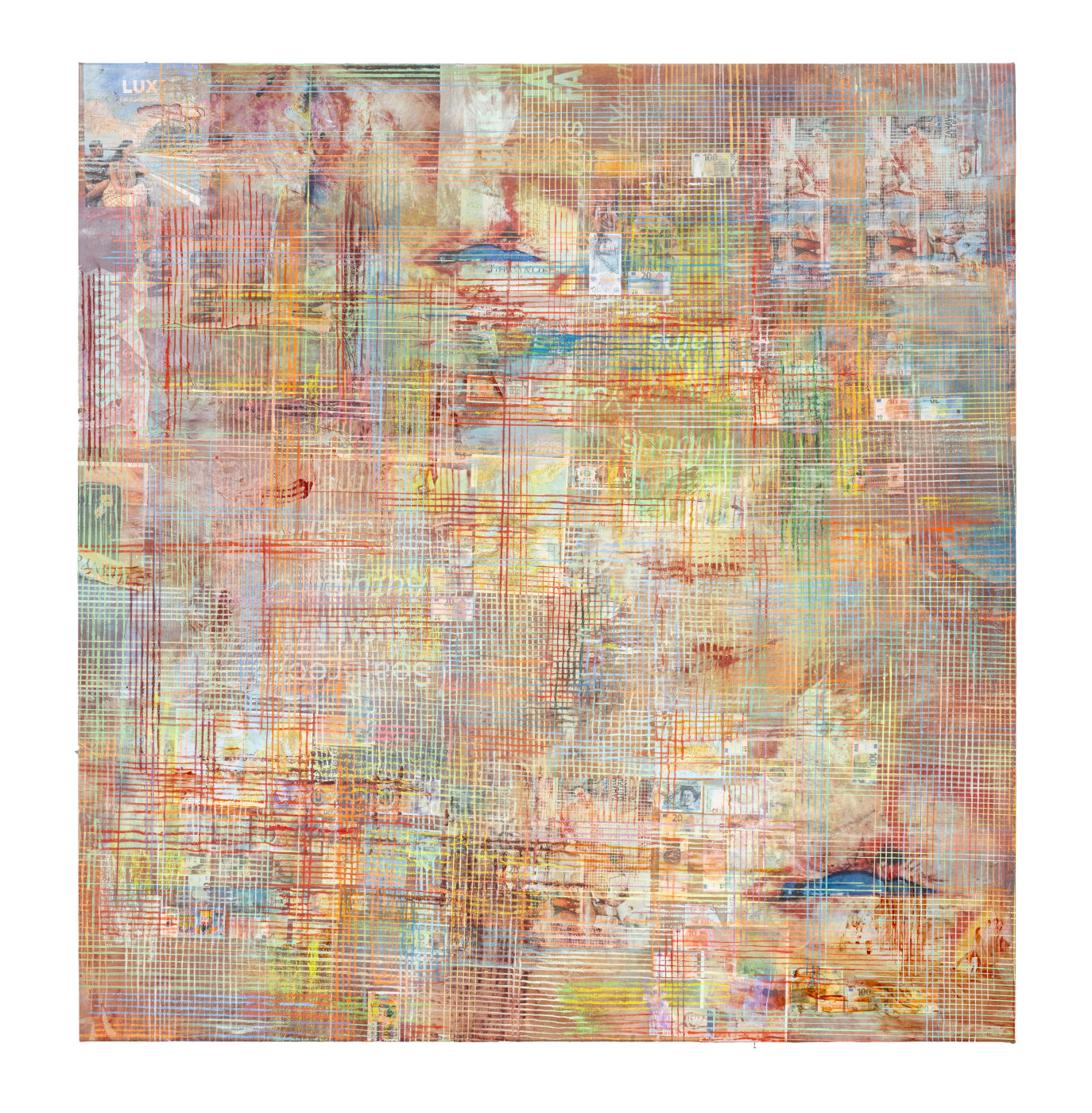 First used by El-Sayegh in 2010, the hand-painted grid is conceived as a symbolic ‘holding device’ for the unruly collage...