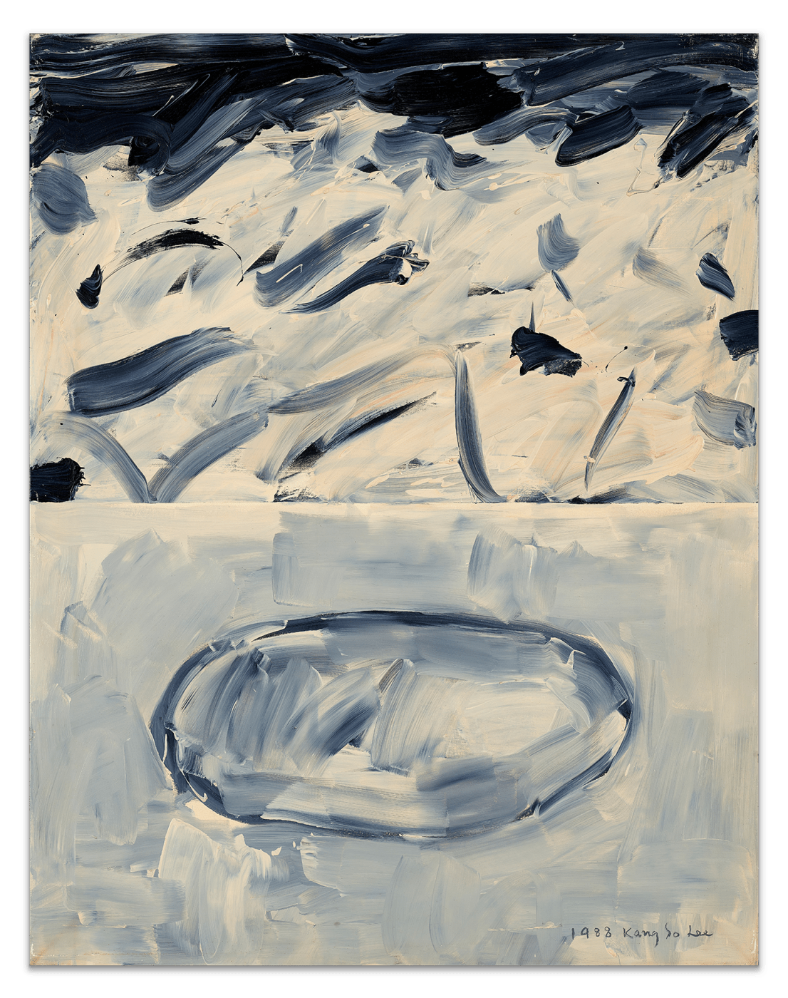 While the boat is rendered in relative detail in Lee Kang So’s earliest paintings on display, it is reduced to...