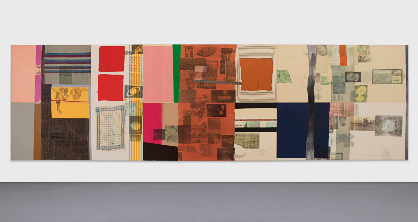 Robert Rauschenberg Half a Grandstand (Spread), 1978 Solvent transfer, fabric, acrylic and graphite on wood panels with objects 182.9 x...