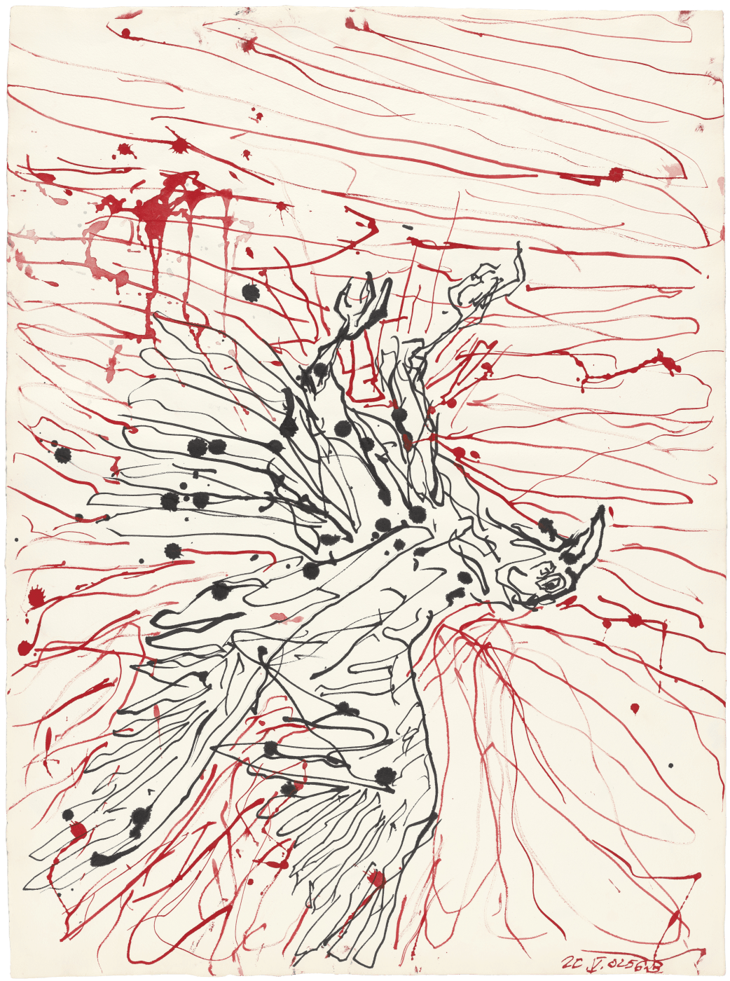 Georg Baselitz Ohne Titel, 2025 Black and red ink on paper 79.9 x 58.8 cm (31.46 x 23.15 in)