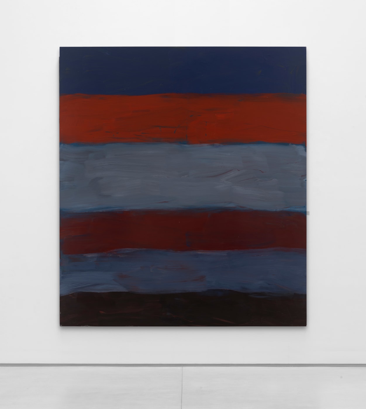 In the large-scale Landline Vermillion Grey (2025), it is the ubiquitous motif of the horizon line that Scully repeatedly stacks,...