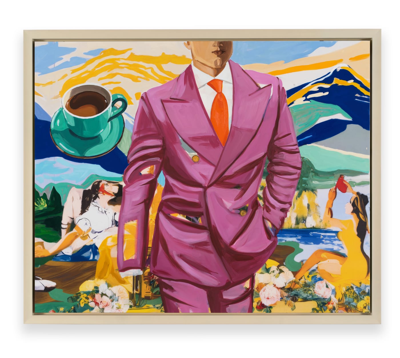 David Salle Power Suit, 2025 Oil, acrylic, Flashe and charcoal on archival UV print on linen 104.14 x 132.08 cm...