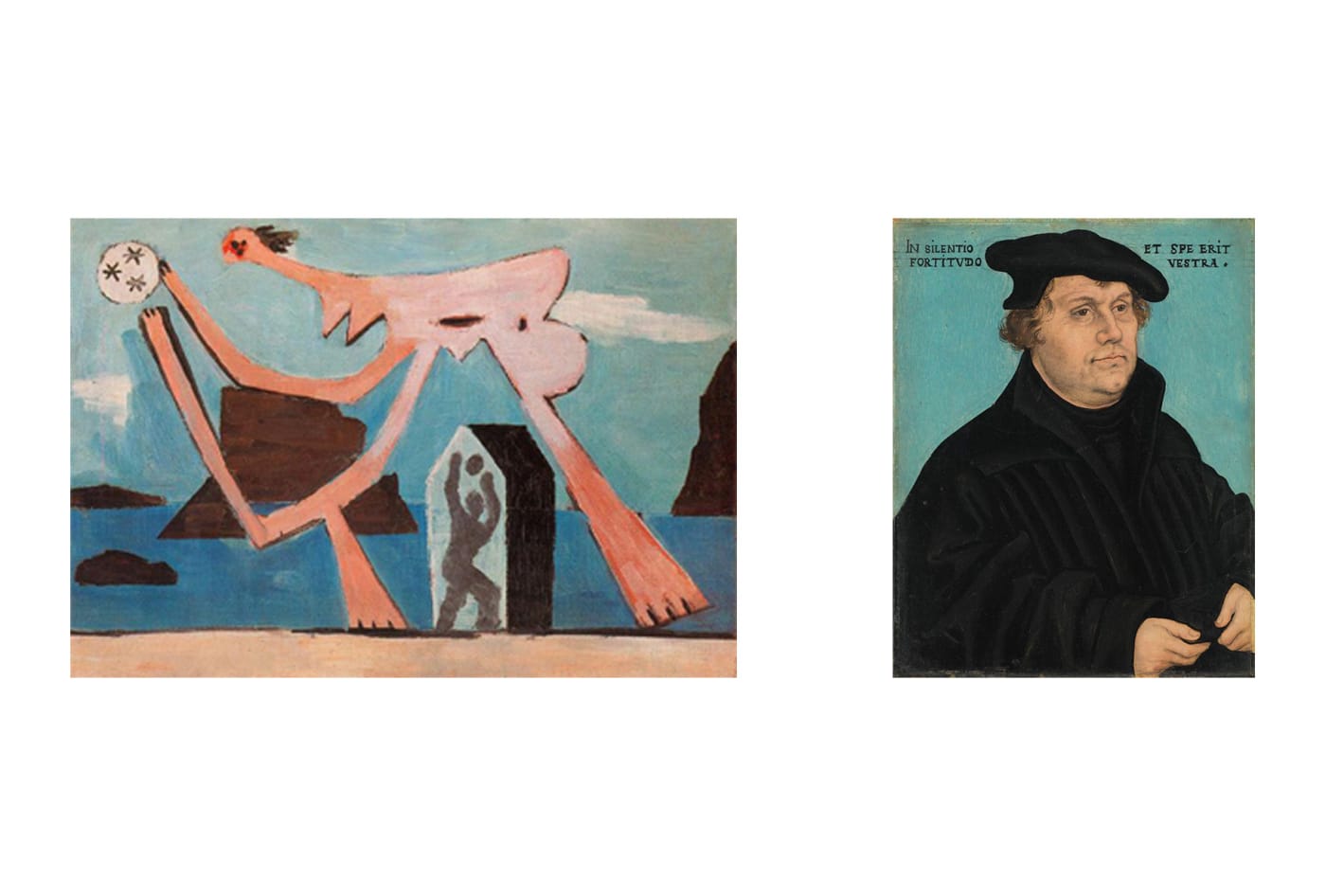 A group of paintings on a powder-blue ground evokes the blue backgrounds of German Renaissance painter Lucas Cranach the Elder’s...