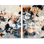 Celia Lees artwork titled "two pages one book" 2023. Acrylic and Oil on canvas. An abstract diptych of tick and thin sized brown, white and black brushstrokes on beige and grey wash background.