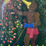 Ousmane Niang painting. Senegalese Artist. Contemporary African art in Paris. AFIKARIS PARIS. Acrylic and pastel on canvas. Pointillism. Anthropomorphic figures.