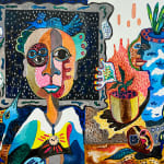 Hervé Yamguen painting. Cameroonian historical Artist. Contemporary African art in Paris. Acrylic on paper. Colorful painting. Abstract Figurative. Cercle Kapsiki.