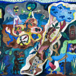 Hervé Yamguen painting. Cameroonian historical Artist. Contemporary African art in Paris. Acrylic on paper. Colorful painting. Abstract Figurative. Cercle Kapsiki.