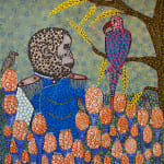 Ousmane Niang painting. Senegalese Artist. Contemporary African art in Paris. AFIKARIS PARIS. Acrylic and pastel on canvas. Pointillism. Anthropomorphic figures.