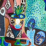 Hervé Yamguen painting. Cameroonian historical Artist. Contemporary African art in Paris. Acrylic on paper. Colorful painting. Abstract Figurative. Cercle Kapsiki.