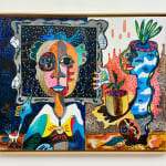 Hervé Yamguen painting. Cameroonian historical Artist. Contemporary African art in Paris. Acrylic on paper. Colorful painting. Abstract Figurative. Cercle Kapsiki.