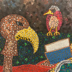 Ousmane Niang painting. Senegalese Artist. Contemporary African art in Paris. AFIKARIS PARIS. Acrylic and pastel on canvas. Pointillism. Anthropomorphic figures.