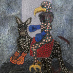Ousmane Niang painting. Senegalese Artist. Contemporary African art in Paris. AFIKARIS PARIS. Acrylic and pastel on canvas. Pointillism. Anthropomorphic figures.