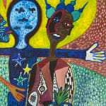 Hervé Yamguen painting. Cameroonian historical Artist. Contemporary African art in Paris. Acrylic on paper. Colorful painting. Abstract Figurative. Cercle Kapsiki.