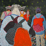 Ousmane Niang painting. Senegalese Artist. Contemporary African art in Paris. AFIKARIS PARIS. Acrylic and pastel on canvas. Pointillism. Anthropomorphic figures. Untitled art miami.