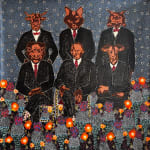 Ousmane Niang painting. Senegalese Artist. Contemporary African art in Paris. AFIKARIS PARIS. Acrylic and pastel on canvas. Pointillism. Anthropomorphic figures. Untitled art miami.