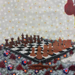 Pointillist painting on canvas by Senegalese artist Ousmane Niang. The work shows a bird with boxing gloves looking at a chess board. AFIKARIS Gallery. Contemporary African Art Paris