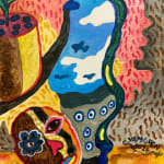Hervé Yamguen painting. Cameroonian historical Artist. Contemporary African art in Paris. Acrylic on paper. Colorful painting. Abstract Figurative. Cercle Kapsiki.