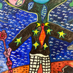 Hervé Yamguen painting. Cameroonian historical Artist. Contemporary African art in Paris. Acrylic on paper. Colorful painting. Abstract Figurative. Cercle Kapsiki.