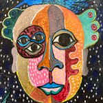 Hervé Yamguen painting. Cameroonian historical Artist. Contemporary African art in Paris. Acrylic on paper. Colorful painting. Abstract Figurative. Cercle Kapsiki.