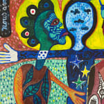 Hervé Yamguen painting. Cameroonian historical Artist. Contemporary African art in Paris. Acrylic on paper. Colorful painting. Abstract Figurative. Cercle Kapsiki.