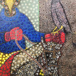 Ousmane Niang painting. Senegalese Artist. Contemporary African art in Paris. AFIKARIS PARIS. Acrylic and pastel on canvas. Pointillism. Anthropomorphic figures.