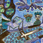 Hervé Yamguen painting. Cameroonian historical Artist. Contemporary African art in Paris. Acrylic on paper. Blue painting. Abstract Figurative. Cercle Kapsiki.