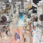 Salifou Lindou painting. Cameroonian Artist. Contemporary African art in Paris. AFIKARIS Gallery Paris. Mixed media (acrylic, clay, pastel, collage) on canvas. Figurative portraits. Duality of human beings. Observation of society. Cercle Kapsiki.