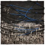 Mouhcine Rahaoui painting. Moroccan Artist. Contemporary African art in Paris. AFIKARIS PARIS. Mixed media (charcoal, wax, glue, plastic, wax, resin) on canvas. Installations. Experience and history of miners. Humans' fragility. Contemporary African art. Art Contemporain Africain