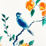 Ink on paper by Omar Mahfoudi. A blue bird with orange flowers. AFIKARIS Gallery. Untitled art Miami 2024