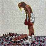 Pointillist painting on canvas by Senegalese artist Ousmane Niang. The work shows a bird with boxing gloves looking at a chess board. AFIKARIS Gallery. Contemporary African Art Paris