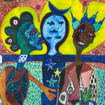 Hervé Yamguen painting. Cameroonian historical Artist. Contemporary African art in Paris. Acrylic on paper. Colorful painting. Abstract Figurative. Cercle Kapsiki.