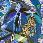Hervé Yamguen painting. Cameroonian historical Artist. Contemporary African art in Paris. Acrylic on paper. Blue painting. Abstract Figurative. Cercle Kapsiki.