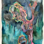 Hervé Yamguen painting. Cameroonian historical Artist. Contemporary African art in Paris. Acrylic on paper. Colorful painting. Abstract Figurative. Cercle Kapsiki.