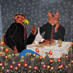 Ousmane Niang painting. Senegalese Artist. Contemporary African art in Paris. AFIKARIS PARIS. Acrylic and pastel on canvas. Pointillism. Anthropomorphic figures. Untitled art miami.