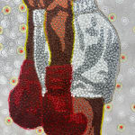 Pointillist painting on canvas by Senegalese artist Ousmane Niang. The work shows a bird with boxing gloves looking at a chess board. AFIKARIS Gallery. Contemporary African Art Paris