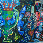 Hervé Yamguen painting. Cameroonian historical Artist. Contemporary African art in Paris. Acrylic on paper. Colorful painting. Abstract Figurative. Cercle Kapsiki.