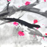 Painting of cherry blossoms, pink blossoms, black branches with grey touches