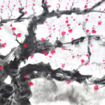 Painting of cherry blossoms, pink blossoms, black branches with grey touches