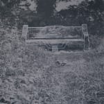 A monochromatic artwork depicting a photograph of a public bench in a park over which the artist has drawn a geometrical structure outlining it in white