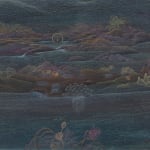 The artwork rendered with watercolour on paper shows a lanscape with miniature details of nature including mountains, rivers, tress, plants and water bodies as integral part of the mysticism the painting emanates