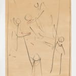 Artwork made on tinted wasli paper with gestural strokes in grey and red with gouache colour with each stroke having multiple smaller strokes within it depicting five minimalistic human figures in the composition